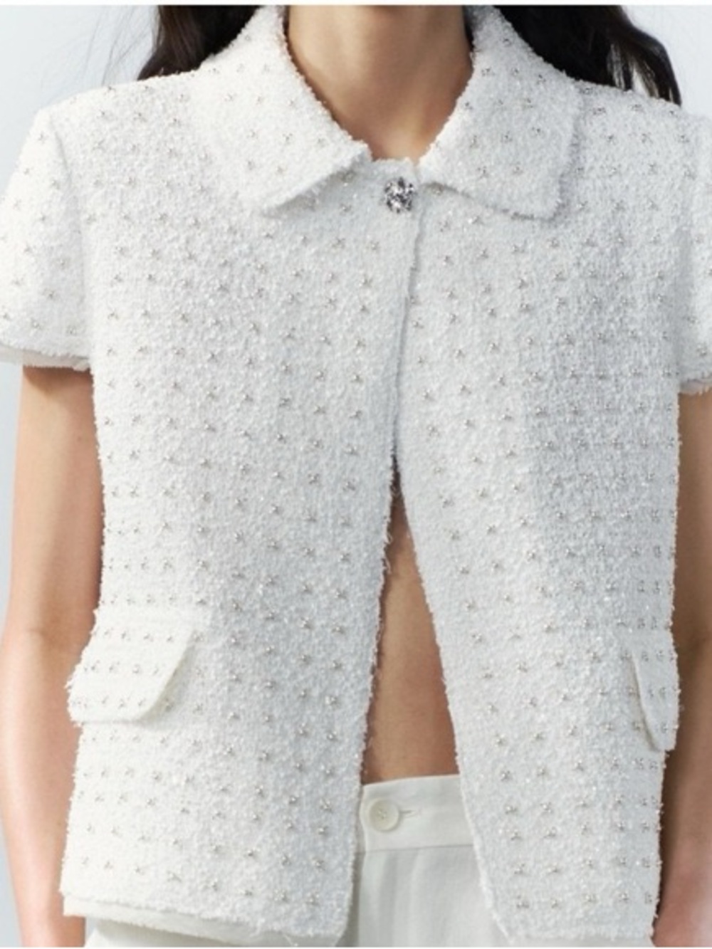 Zara White Short-Sleeve Textured Button-Front Top with Stud Detail